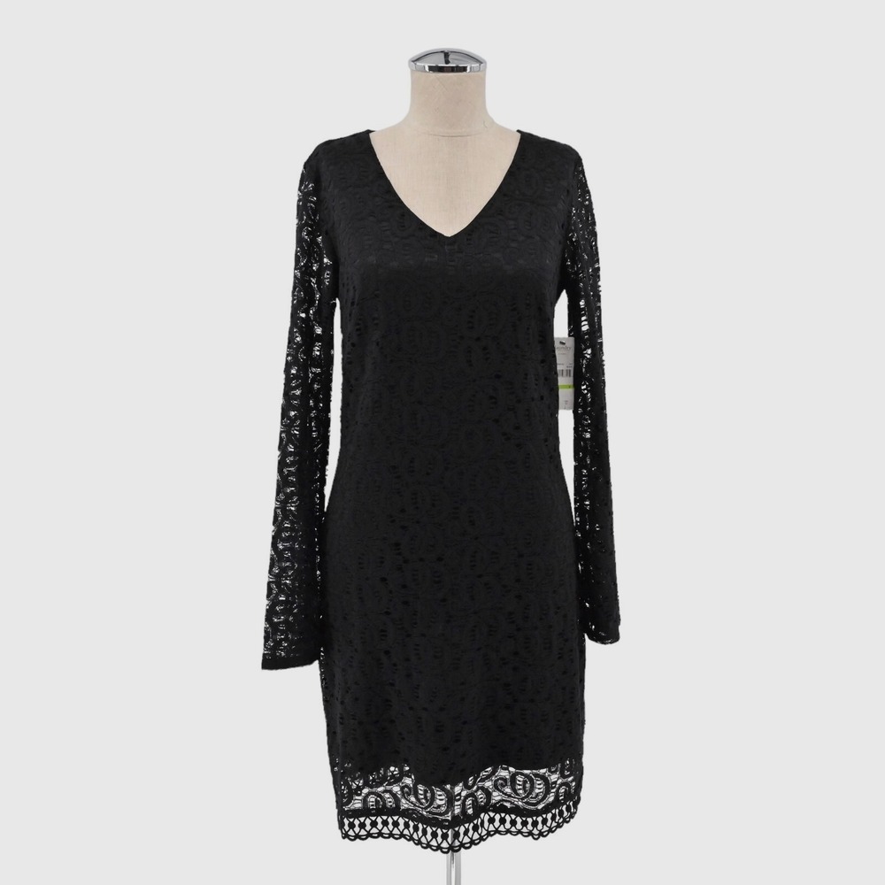 LAUNDRY by SHELLI SEGAL Dress Size 4 Black Lace Dark Romantic Sheer Long Sleeve